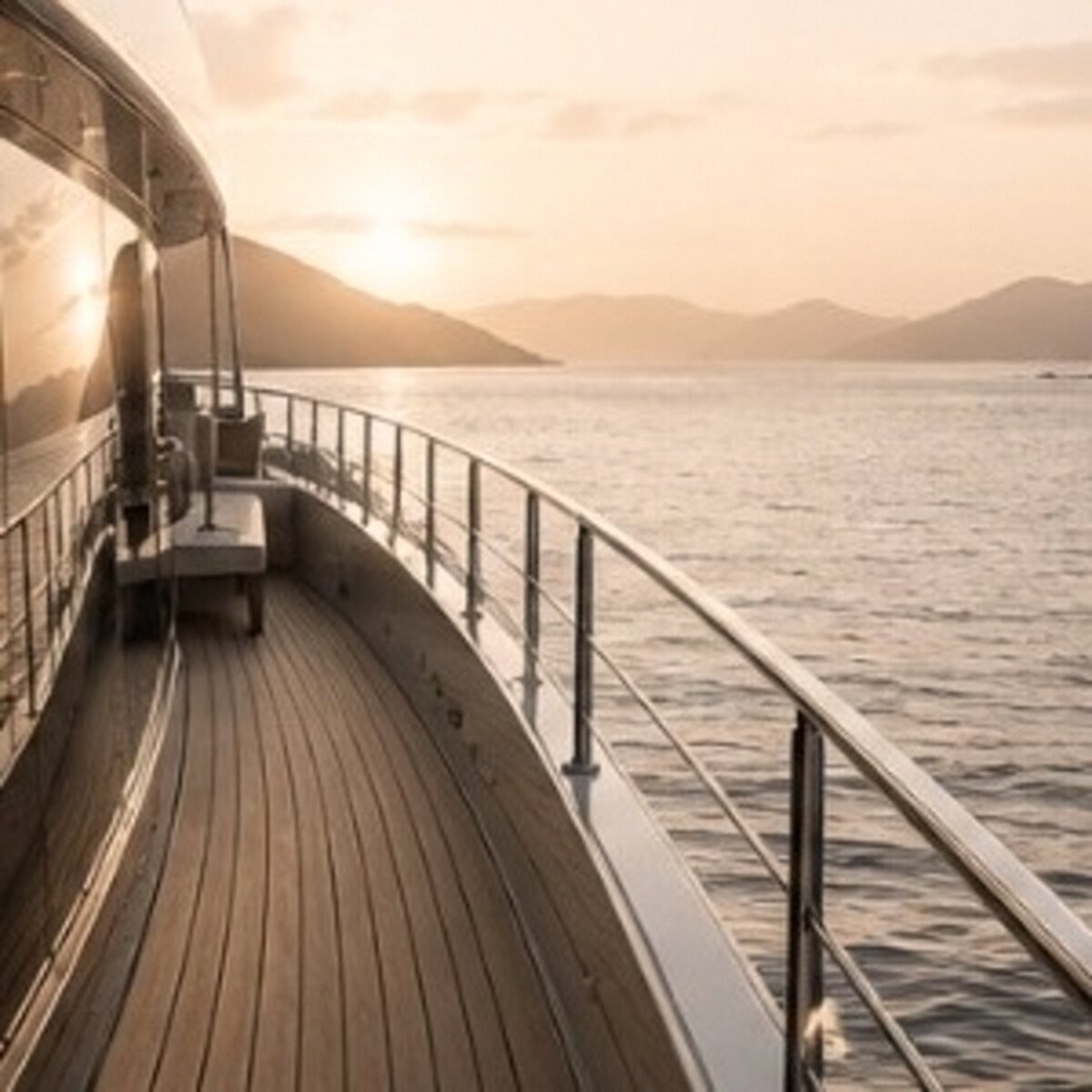 Calm teak side deck and helm approach of a luxury motor vessel