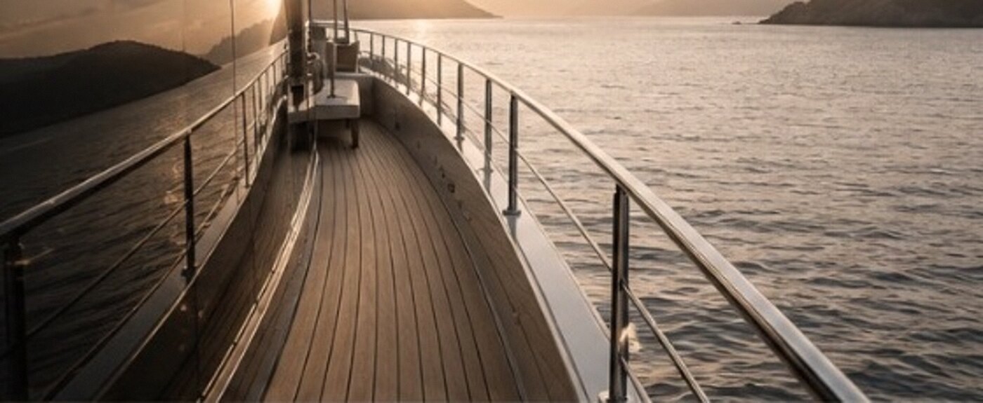 Freshly presented teak side deck and stainless guardrail of a motor vessel